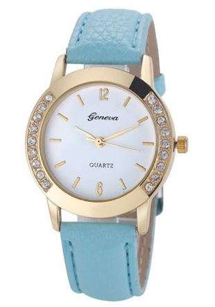 HOT!!! GENEVA WOMEN'S CRYSTAL ANALOG  QUARTZ DRESS WATCH WITH SKY BLUE  FAUX LEATHER STRAP
