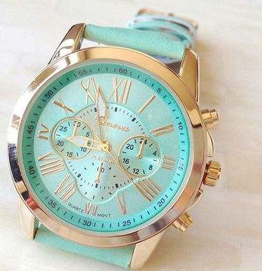 PRETTY GENEVA  WOMANS MINT ROMAN NUMERALS ANALOG QUARTZ WRISTWATCH WITH FAUX LEATHER STRAP