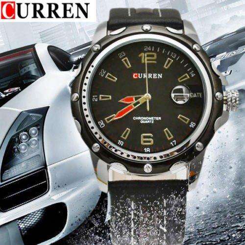 CURREN MENS ROUND DIAL CHRONOMETER BLACK QUARTZ WRISTWATCH GENUINE LEATHER STRAP AND DATE DISPLAY