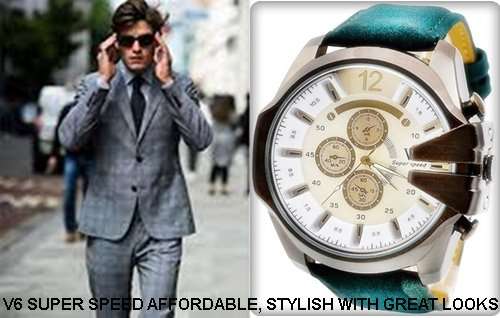 THE  MENS V6 SUPER SPEED  WHITE DIAL BLUE PU LEATHER BAND  WRISTWATCH
