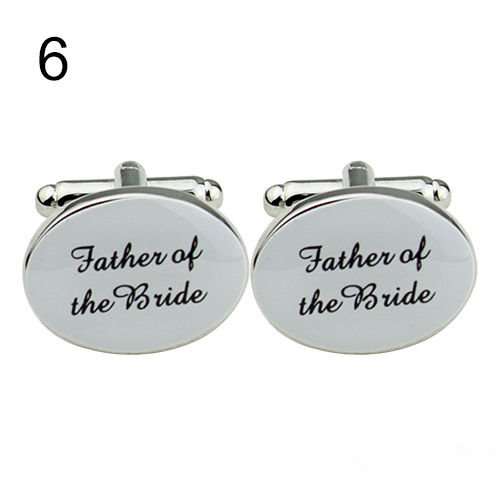 MARKED DOWN!!!   HIGH QUALITY "FATHER OF THE BRIDE" CUFFLINKS IN  BLACK SCROLL ON WHITE SILVER PLATE
