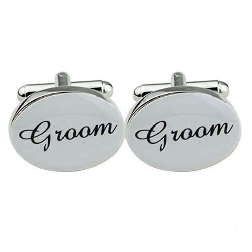 MARKED DOWN!!!   HIGH QUALITY "GROOM" CUFFLINKS IN  BLACK SCROLL ON WHITE SILVER PLATED