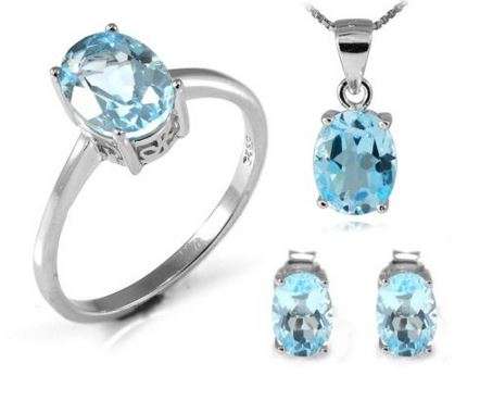 5 PIECE GENUINE NATURAL BLUE TOPAZ SET RING, PENDANT, CHAIN & EARRINGS  IN SOLID 925 STERLING SILVER
