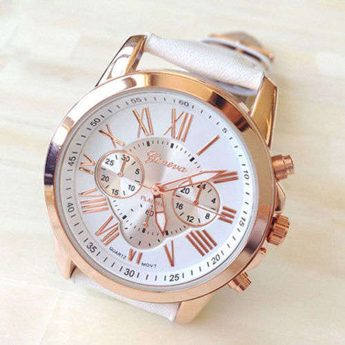 LUXURY GENEVA ROSE GOLD WHITE DIAL WITH ROMAN NUMERALS QUARTZ ANALOG LADIES STUNNING WATCH