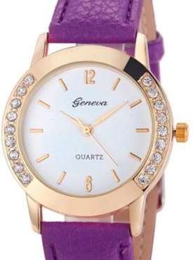 FASHION GENEVA WOMAN'S WATCH WITH PURPLE FAUX LEATHER STRAP AND CRYSTAL INLAY ON BODY