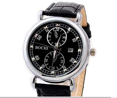 SILVER CASE AND BLACK FACED BOCHI QUARTZ FASHION WATCH WITH  PU LEATHER STRAP