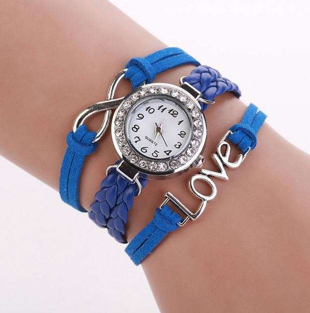 FASHIONABLE BRIGHT BLUE CRYSTAL DIAL CHARM WATCH WITH LOVE AND INFINITY CHARMS