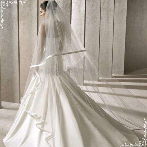 2 TIER - 3M - WHITE CATHEDRAL WEDDING BRIDAL VEIL WITH COMB  - SATIN RIBBON BORDER/EDGING