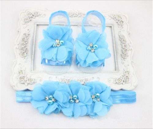 BABY CHIFFON BOW & HEADBAND WITH MATCHING RIBBON "SHOES " - BLUE  - PEARL AND RHINESTONE DETAILING