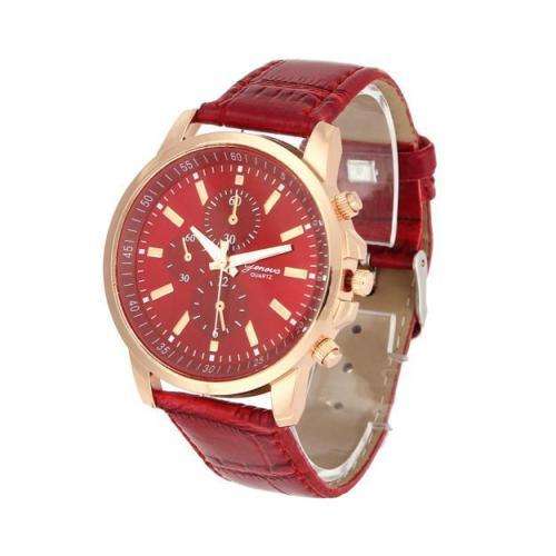 WOMAN'S FASHION GENEVA  FACE (RED) FAUX LEATHER STRAP QUARTZ WRIST WATCH