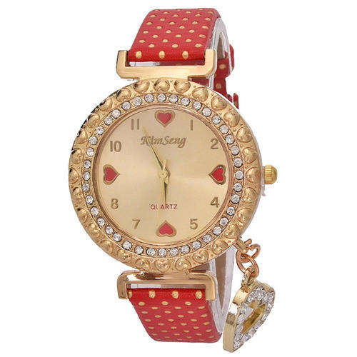 STUNNING GIFT FOR MOM!!   RED BRACELET CRYSTAL  DIAL WITH LEATHER BAND QUARTZ ANALOG WRIST WATCH