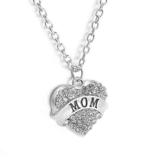 PERFECT LITTLE MOM'S DAY GIFT - MOM HEART PENDANT AND CHAIN - SILVER ALLOY AND WHITE CRYSTALS