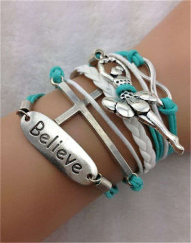 NEW FASHION  INFINITY CHARMS BALLERINA, CROSS BELIEVE WORDING AND INFINITY  LEATHER CHARM BRACELET