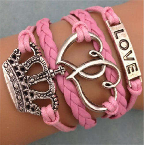 INFINITY BRACELET - ROYAL CROWN WITH CROSS, INTE-TWINED HEARTS  AND LOVE WORDLEATHER CHARM BRACELET