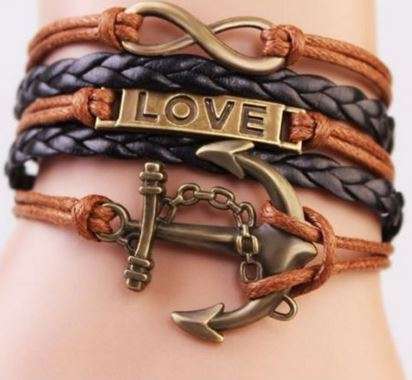 NEW FASHION  BRONZE CHARMS LOVE WORD, ANCHOR AND  INFINITY LEATHER CHARM BRACELET