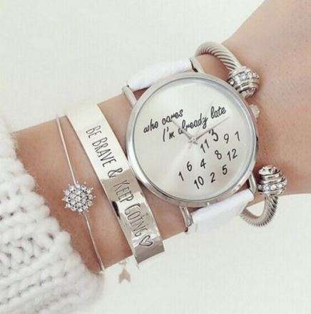 HUMOURUS LADIES WRIST WATCH, "WHO CARES...I'M ALREADY LATE"   WITH WHITE STRAP AND SILVER DIAL