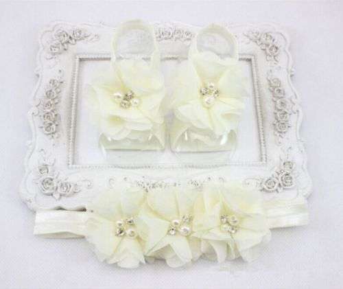 3PCS SOFT CREAM CHIFFON FLOWER HEADBAND WITH MATCHING RIBBON "SHOES " PEARL AND RHINESTONE DETAILING