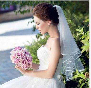 BRIDE ON A BUDGET SALE!!! 2 TIER (BLUSHER INCLUDED) WHITE BRIDAL VEIL WITH COMB & SATIN RIBBON EDGE