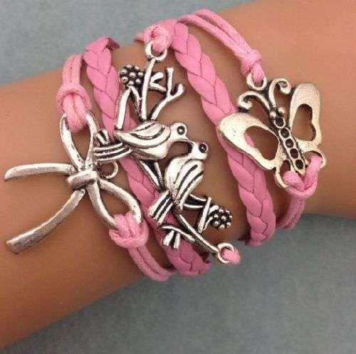 INFINITY CHARMS 2 DOVES ON BRANCH, BOW AND BUTTERFLY LEATHER CHARM BRACELET