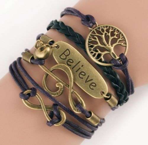BRONZE CHARMS MUSICAL NOTE, BELIEVE PLATE, TREE OF LIFE AND INFINITY CUTE LEATHER CHARM BRACELET