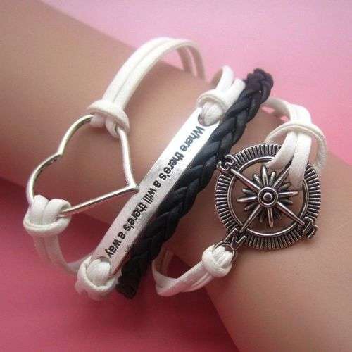 SILVER COMPASS, HEART AND QUOTE CUTE LEATHER INFINITY CHARM BRACELET