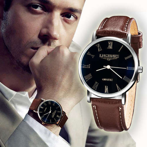 LUXURY LNGIINES FASHION BLACK FACE ROMAN NUMERAL QUARTZ WATCH WITH BROWN FAUX LEATHER BAND