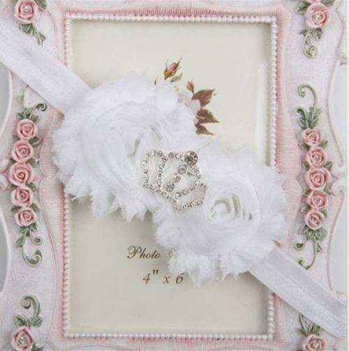 BABY AND TODDLER  HEADBAND - TWO SHABBY CHIC FLOWERS WITH RHINESTONE CROWN - PURE WHITE