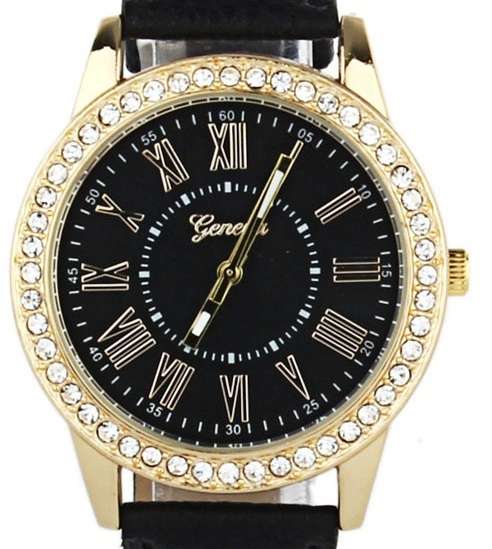 ELEGANT!!  BLACK DIAL FACE AND CRYSTAL SURROUND CASE WITH BLACK PU LEATHER BAND QUARTZ WATCH