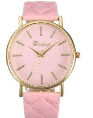 STRIKING AND STUNNING! GENEVA ICE CREAM PINK FACE AND PINK QUILTED FAUX LEATHER ANALOG QUARTZ  WATCH