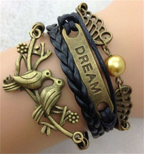 NEW FASHION  BRONZE CHARMS DOVES, ANGEL'S WINGS, FAUX PEARL AND DREAM LEATHER CHARM BRACELET