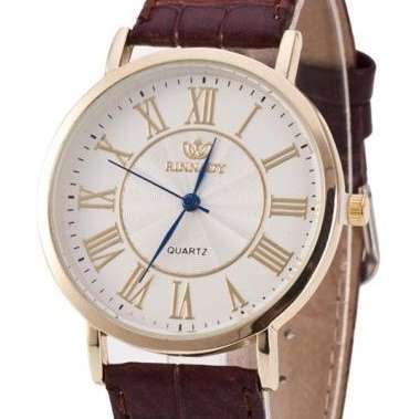 CLASSIC ROMAN NUMERICAL FACE QUARTZ WATCH WITH BROWN COLOURED FAUX LEATHER STRAP