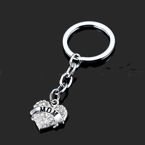 PERFECT LITTLE MOM'S DAY GIFT - MOM HEART PENDANT ON KEYRING - SILVER ALLOY AND WHITE CRYSTALS