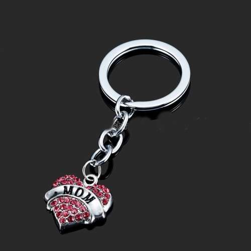 PERFECT LITTLE MOM'S DAY GIFT - MOM HEART PENDANT ON KEYRING - SILVER ALLOY AND PINK CRYSTALS