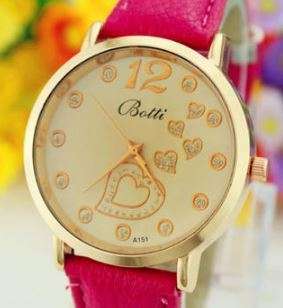 GORGEOUS AND STRIKING ! WOMANS BOTTI HEART FACE CERISE  FAUX LEATHER STRAP QUARTZ  PERFECT ACCESSORY