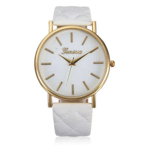STRIKING AND STUNNING! GENEVA WHITE DIAL AND WHITE  QUILTED FAUX LEATHER ANALOG QUARTZ  WATCH