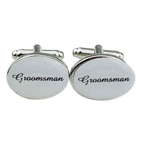 MARKED DOWN!!!   HIGH QUALITY "GROOMSMAN" CUFFLINKS IN ELEGANT BLACK SCROLL ON WHITE SILVER PLATED