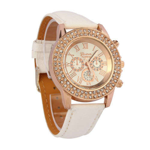 WHITE FACE 2 ROW CRYSTAL GENEVA WOMANS ANALOG QUARTZ FAUX WHITE LEATHER BAND WATCH