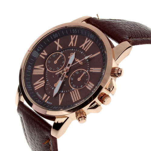 WOMAN CHIC CHARMING BROWN FACE GENEVA ROMAN NUMERAL QUARTZ  WATCH WITH FAUX LEATHER STRAP