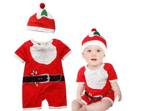 SANTA SUIT FOR THE LITTLE BOYS - SHORT SLEEVE ONSIE WITH CAP 0 - 6 MONTHS