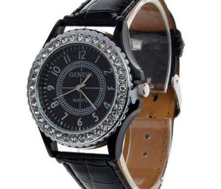 GENEVA BLACK FACE WITH CRYSTAL SURROUND AND BLACK FAUX LEATHER STRAP ANALOG QUARTZ  WATCH