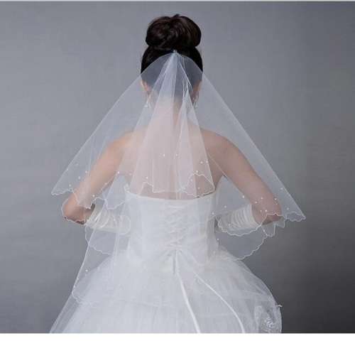 BRIDE ON A BUDGET SPECIAL!!  2 TIER WEDDING WHITE  BRIDAL VEIL  - SCOLLOPED EDGING & PEARL BEADING