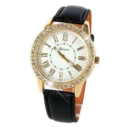 GENEVA PLATINUM COLLECTION - WHITE FACED ROMAN NUMERAL QUARTZ WATCH  BLACK FAUX LEATHER STRAP