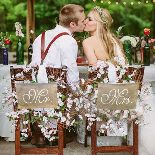 WEDDING DAY DECOR  LARGE "MR" & "MRS" SET OF BURLAP SHABBY CHIC RUSTIC SIGNS FOR CHAIR, DECOR