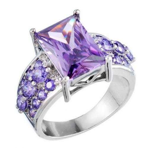 18K WHITE GOLD FILLED  DRESS RING WITH AMETHYST CZ  EMERALD AND ROUND CUT SIZE 8 (Q)