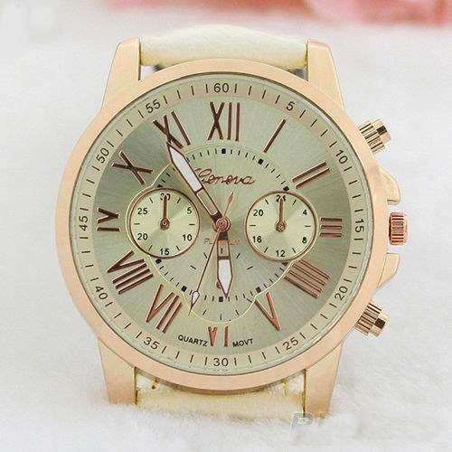STUNNING GIFT!!  GENEVA CREAM ROMAN NUMERAL WATCH WITH WHITE DIAL AND FAUX LEATHER STRAP