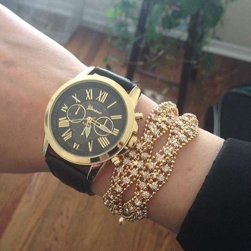 WOMAN GENEVA BLACK FACED ANALOG QUARTZ WRIST WATCH WITH BLACK PU LEATHER STRAP