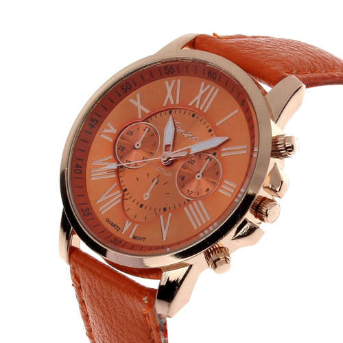 WOMAN CHIC CHARMING ORANGE FACE GENEVA ROMAN NUMERAL QUARTZ  WATCH WITH FAUX LEATHER STRAP