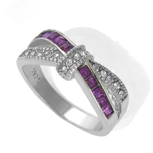 AMETHYST & WHITE CZ'S IN CROSS OVER DESIGN  - SILVER  FILLED - RING SIZE 8  (Q) - FASHION ITEM