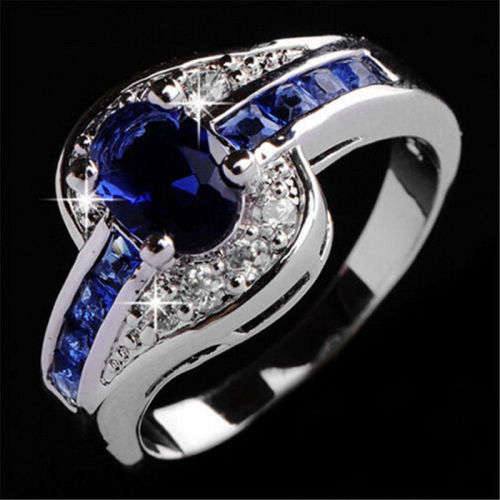 SAPPHIRE  & WHITE CZ'S IN A UNIQUE DESIGN  - SILVER  FILLED - RING SIZE 8  (Q) - FASHION ITEM