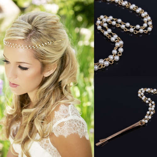 SUMMER BRIDAL SALE!!  MARKED DOWN - WEDDING BRIDAL HAIR CLIPS WITH FAUX PEARL DOUBLED CHAIN